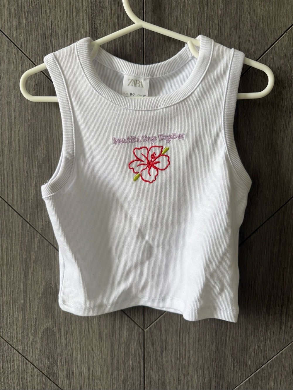 Zara Girls White Ribbed Tank Top with Pink Floral Embroidery